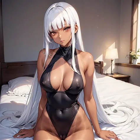 top-quality、Full limbs、complete fingers、1 beautiful woman、sweat、Slender beauty、skinny、ero pose、(straight haired、white hair、blunt bangs、head tilt:1.3)、((black ＆ white highleg swimsuit 、erectile nipples、very skinny))、cleavage、White pantyhose、hospitals、Vip Ro...