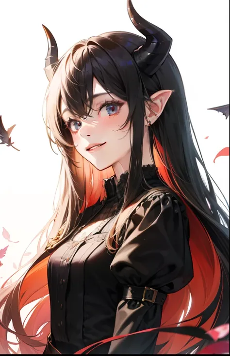 girl with、Background white、without background、A dark-haired、The long-haired、with blush cheeks、Horns、winged、Diabolical、succubus、frilld、Smiling、kawaii、without background