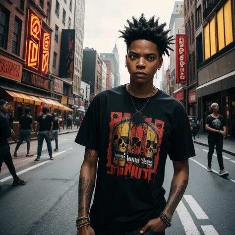 In this fantastical world of BASQUIAT, the city is alive with vibrant reds and pulsing energy. The artist stands at the center, surrounded by SKULLS that seem to come to life in his presence. His black t-shirt is a stark contrast to the colorful chaos arou...