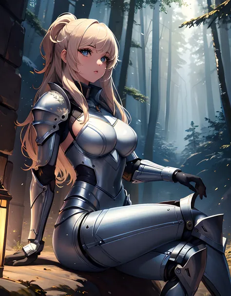 (((masterpiece))), (((best quality))), ((ultra-detailed)), (cinematic lighting), (illustration), (beautiful detailed eyes), (1girl), full body, space, knight, armour, light hair, sitting on robot horse, jumpsuit, forest,