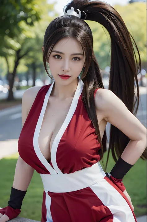 shiranui mai, Brown eyes, Long hair, Brown hair, (Red clothes:1.3)，White ribbon, Sleeveless, pony tails, sash, Pelvic curtain, arm guards, mitts, tabi，A plump chest， Seductive expression, Sexy eyes, Huge breasts, Smile, Cute, view the viewer, Long hair, (b...