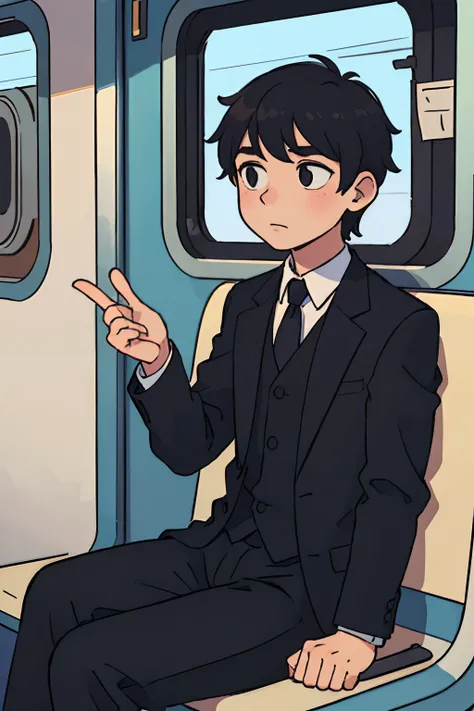 illustration of a boy having short messy hairs, wearing a black suit, sitting on a train seat