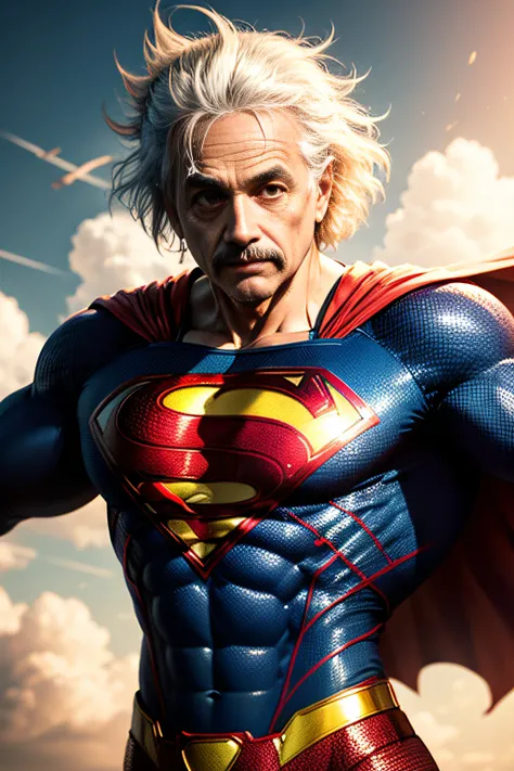 image of Albert Einstein dressed as a Superman costume, detailed muscle, flying in the sky