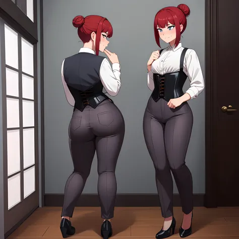 highly detailed, skindentation, pale woman with freckles, small chest, slim, short red hair, hair bun, bangs, blushing, sparkling eyes, white blouse, corset, trousers, stretched clothing, dark moody room, masterpiece, best quality, perfect anatomy, highres...