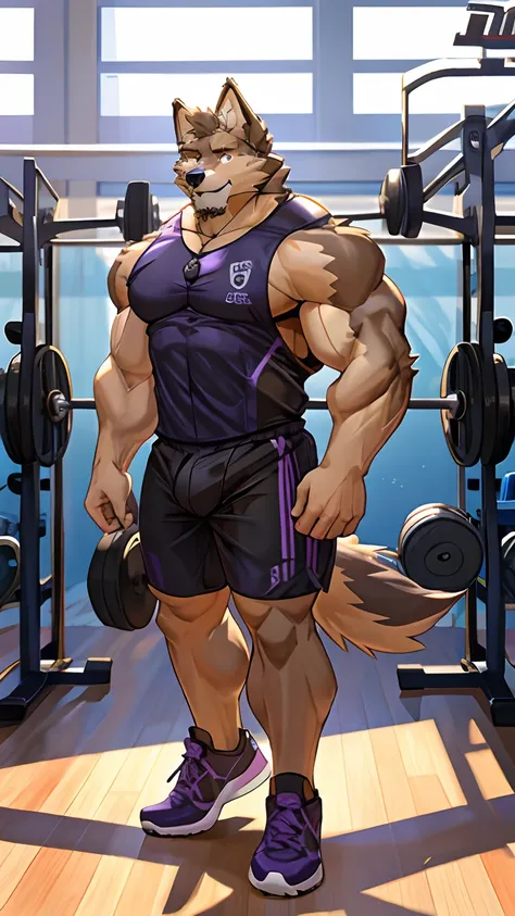 Purbaseer, Furry German Shepherd Dog, Brown Furs, Two Toned Colors, Purple Eyes, Muscular, Handsome, Good Looking, Gym Set, Exercising, Hot, Gym Background