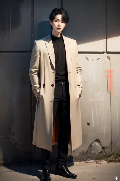 (((Suga))) a handsome guy, smile, wearing a black plain loose long coat, modern black outfit, very handsome, standing pose, detailed face, detailed masculine body, (reality: 1.4), (A hyper-realistic), (high resolution), (8K), (highly detailed), ( Best Illu...