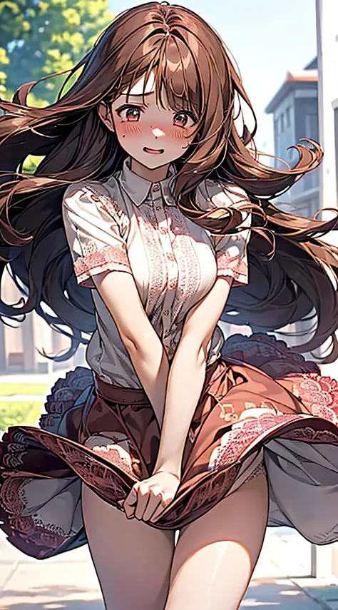 1womanl,dark brown hair,Long Wave Hair、a 20 yo woman、governess、Shy laughter、Beautiful Medium Big、White shirt,Red dress,well-styled,,(Facing the front)(((Blushing cheeks、embarassed expression)),(((The skirt is rolled up by the wind)))、(You can see everythin...