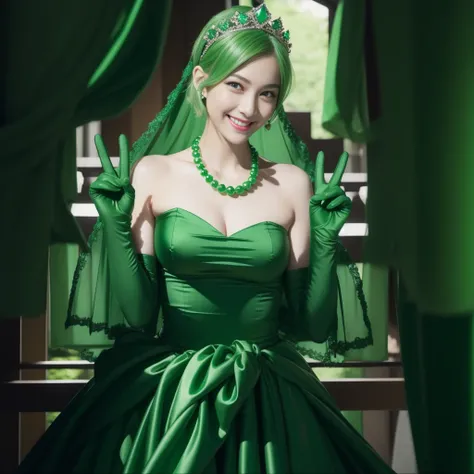 emerald tiara, Green Pearl Necklace, Boyish very short green hair, lipsticks, Japan woman smiling, very short short hair, big breasts beautiful, Green eyes, Long green gloves made of satin material, Green eyes, v sign