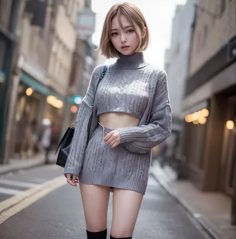 (extremely detailed CG unity 8k wallpaper), (masterpiece), (best quality), (ultra-detailed), (best illustration), (best shadow), (photorealistic:1.4), 1girl on street, Kpop idol, ((very oversize sweater, buttoned sweater, open sweater)), (grey hair:1.1), c...