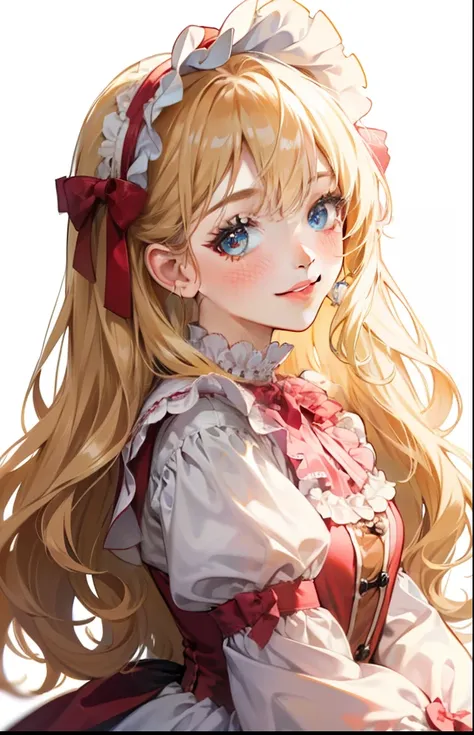 girl with、Background white、without background、a blond、The long-haired、Curly hair、Curly hair、Contrasting bangs、Onepiece、frilld、bow ribbon、Lolita Fashion、with blush cheeks、Smiling、kawaii、without background