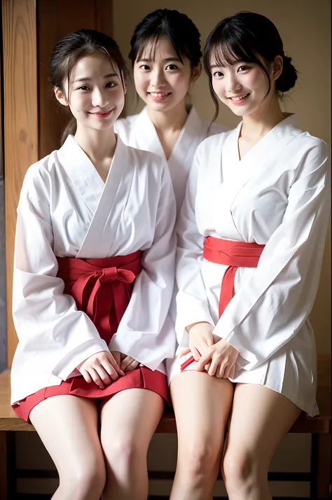 girls in old-Japan school classroom,red hakama-bottom,very long sheer sleeved white hakama-top,white socks,red string bow on hair,18-year-old,bangs,a little smiles,knees,low ponytail,from below