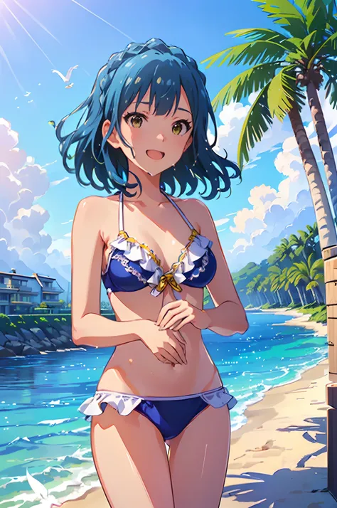 yuriko nanao (million live), 1 girl, Solo, Cute Girl, Best Quality, Ultra-detailed, 8K, High resolution, Detailed face, shiny skin, (from below), Bob Hair, Smile, (((have fun))), (((bikini, wet skin, wet hair))), (((outdoor, shining sky, sunshine, Summer, ...