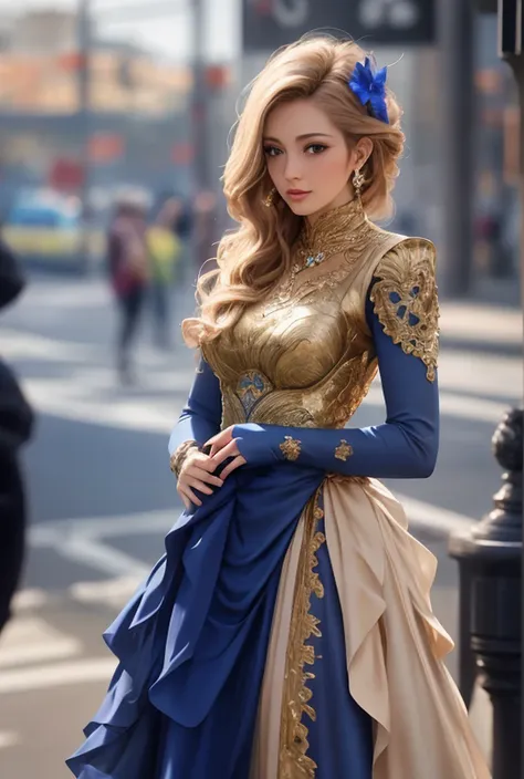 a beautiful princess in a blue and gold corset and suit, majestic look, extremely detailed artgerm, artgerm. high detail, artger...