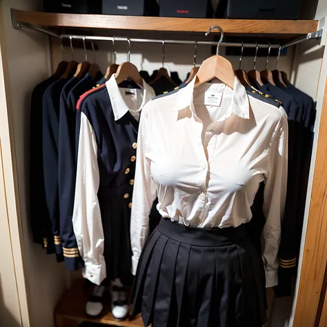 school uniform, (invisible:1.7, no humans:1.7, headless:1.7, handless, faceless:1.7), (cute big breasts:1.5), (close-up shot of breasts) , (hanger school uniforms in a closet swells as if an invisible girl is wearing it:2), (girls busty uniforms begins to ...