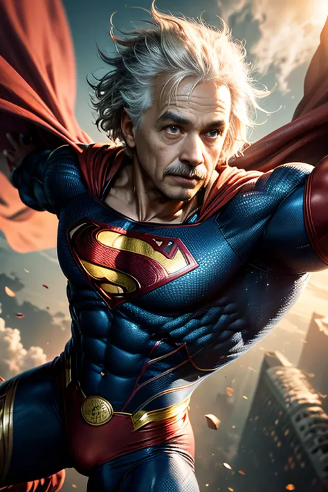 image of Albert Einstein dressed as a Superman costume, detailed muscle, flying in the sky