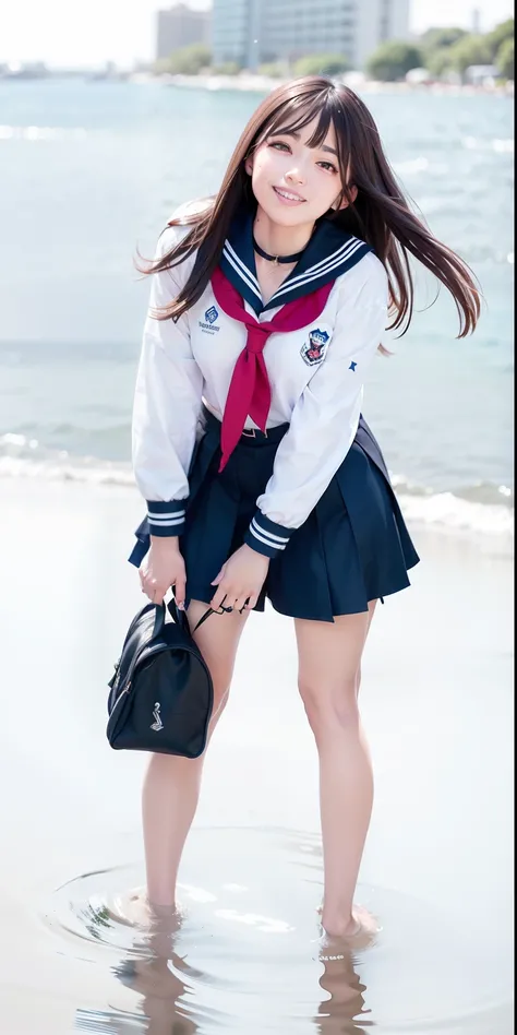 Arab Asian girl in sailor suit standing in the water, Seifuku, Japan school uniform, wearing japanese school uniform, Sailor Uniform, loose coat collar sailor uniform, japanese girl school uniform, Wearing school uniform, Wearing a school uniform, JK Unifo...