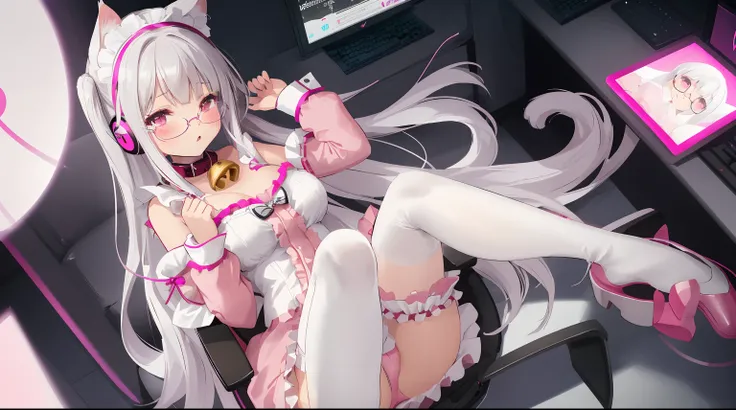 A girl with pink ears, a cat tail, Glasses, Long gray hair, Bell collar, Collar chain，Collar chain，Pink maid outfit, white stockings，white stockings，white stockings，The kinky is exposed ，The kinky is exposed，The kinky is exposed，Ah hey Yan，Two-dimensional ...