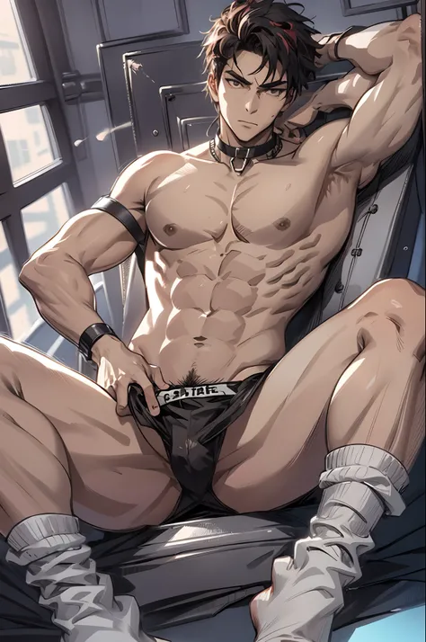 realisticlying，（tmasterpiece，top Quority，best qualtiy，offcial art），The is very detailed，Colorful，Most detailed，Kamimei，short detailed hair，Black color hair，Handsome man，Mare，choker necklace，sandbeach，Libido boy，large pecs，Big bag，Half recumbent，CG sense，PO...