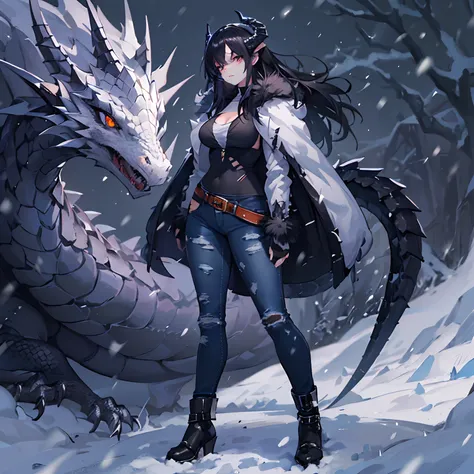 (High resolution, best quality, masterpiece) 1female, physically fit, curvy, slender body, fierce expression, dark eyes, (detailed eyes), black hair, medium length hair, full body, draconic, (dragon horns), (dragon scales), scales in clusters, ((topwear: f...