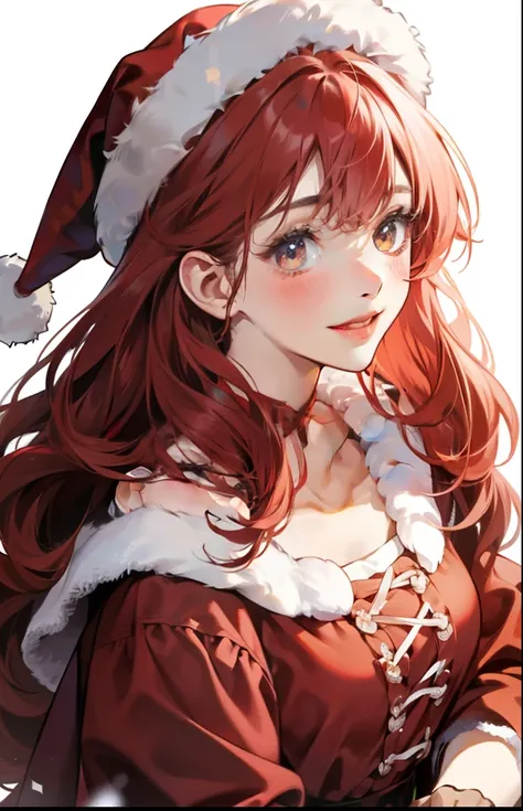 girl with、Background white、without background、Red-haired、The long-haired、Curly hair、Curly hair、Contrasting bangs、Red one-piece、bow ribbon、Christmas、santa claus、with blush cheeks、Smiling、kawaii、without background