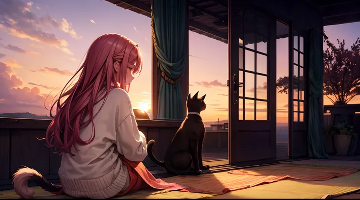 "Create an image of a serene sunset scene where a young woman with long hair sits beside a cat on a rooftop. The sky is painted with hues of orange and pink, reflecting the setting sun. The woman is gazing towards the horizon, her back to the viewer, weari...