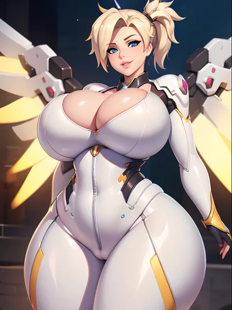 4k, masterpiece, high resolution, Overwatch art style, overwatch 3D art style, Mercy, 1girl, ((bimbo))), short blond hair, blue eyes, thick lips, erotic smile face, face, wide hips, thick thighs, thick, huge fake breast, huge round ass, oily shiny skin, wh...