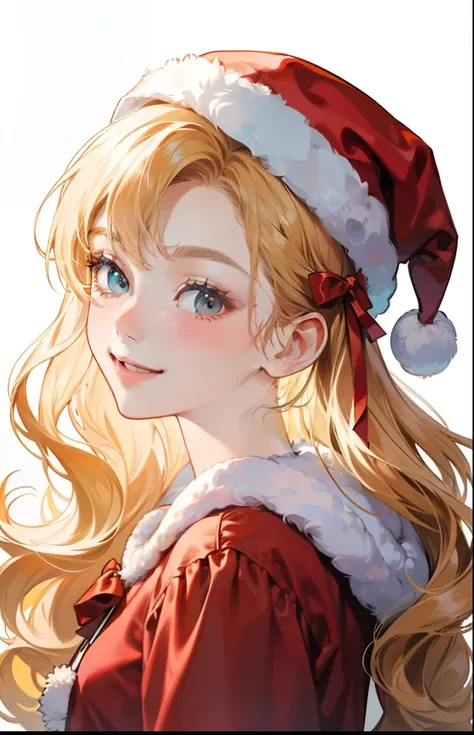 girl with、Background white、without background、a blond、The long-haired、Curly hair、Curly hair、Contrasting bangs、Red One Piece、bow ribbon、Christmas、santa claus、with blush cheeks、Smiling、kawaii、without background