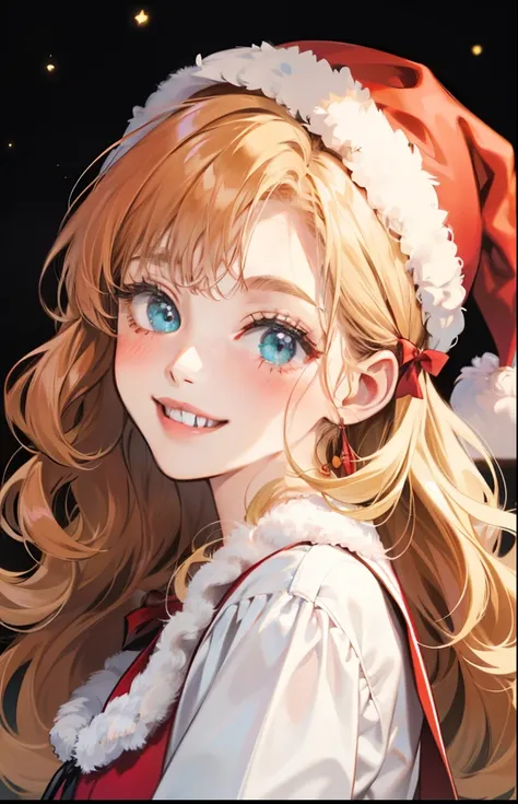 girl with、Background white、without background、a blond、The long-haired、Curly hair、Curly hair、Contrasting bangs、Red One Piece、bow ribbon、Christmas、santa claus、with blush cheeks、Smiling、kawaii、without background