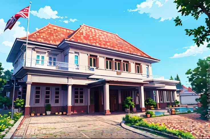 (simple coloring, line art, ghibli, ghibli scene, ghibli art style), (anime style background, anime background illustration:1.3), (high quality, high resolution, masterpiece), sky, (a white building), large yard, balcony, a flag, neoclassical house, coloni...