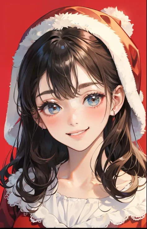 girl with、Background white、without background、A dark-haired、The long-haired、Curly hair、Curly hair、Contrasting bangs、Red One Piece、bow ribbon、Christmas、santa claus、with blush cheeks、Smiling、kawaii、without background