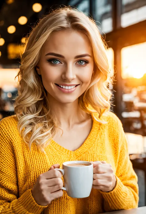 cute beautiful blonde with yellow sweater (drinking coffee in a modern café at sunset), sehr detailliert, 14 jahre alt, unschuld...