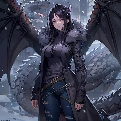 (High resolution, best quality, masterpiece), detailed, ultra detail, 1female, physically fit, curvy, slender body, fierce expression, dark eyes, (detailed eyes), black hair, medium length hair, full body, draconic, (dragon horns), (face: dragon scales), s...