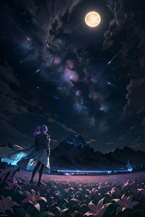 expansive landscape photograph , (a view from below that shows sky above and open field below), a girl standing on flower field looking up, (full moon:1.2), ( shooting stars:0.9), (nebula:1.3), distant mountain, tree BREAK
production art, (warm light sourc...