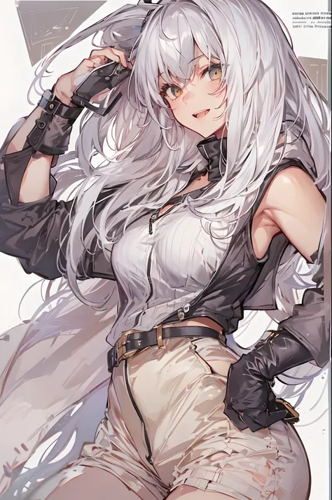 1girl, {solo}, upper body ,{{ {looking at viewer}}}, arm at side, concept art, white background, simple background, white hair, silver gradiient hair , complex cloth, asymmetrical clothes, virtual youtuber, best quality, masterpiece, dynamic angle, guilty ...