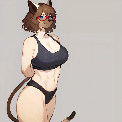 Solo, female, standing, ((siamese cat)), (hair, snout), short hair, brown hair, light blue eyes, red glasses, by bebebebebe, big breasts, facing viewer, smirking, wavy hair, mature, muscular, hands behind back, crop top, panties