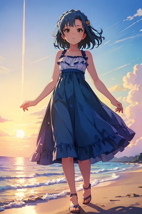 yuriko nanao (million live), 1 girl, Solo, Cute Girl, Best Quality, Ultra-detailed, 8K, High resolution, Detailed face, Shiny skin, (From below), Bob Hair, Walking on the beach, bikini of, (((plein air, Sunset, Beach,)))