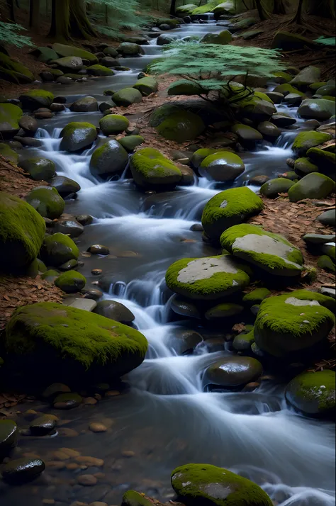 A small stream runs through the woods，Far Mountain