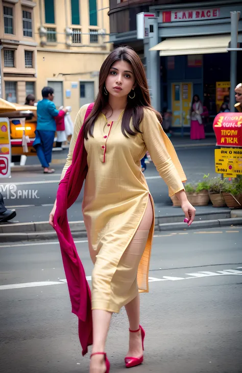 woman walking down the street in a dress and shoes, with lovely look, candid picture, desi, wearing a kurta, stylish pose, beautiful woman, handsome girl, new song, dressed with long fluent clothes, candid photo, beautiful look, pretty face!!, inspired by ...