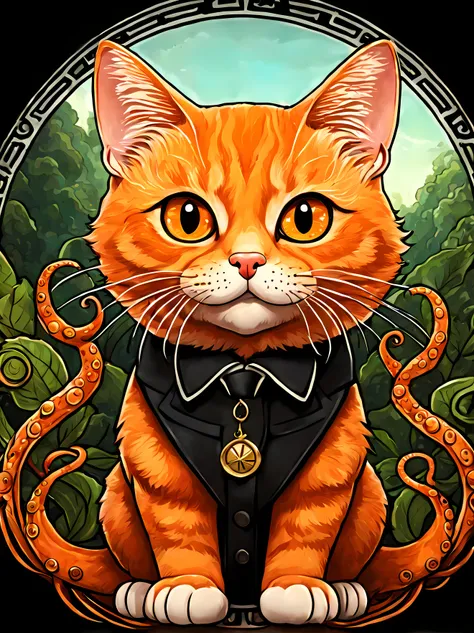 (symmetrical:1.3), (cute cartoon style:1.3), (solo:1.3), flerken from marvel comics orange cat with ((tentacles coming from its mouth)) (wearing a black collar) (((looking at the viewer))), (surrounded by mysterious nature), masterpiece, 4k, highly detaile...