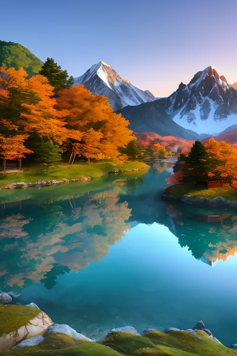 a beautiful korean mountain with lake, (masterpiece), (portrait), (raw photo), (extremely detailed cg unity 8k wallpaper) intric...