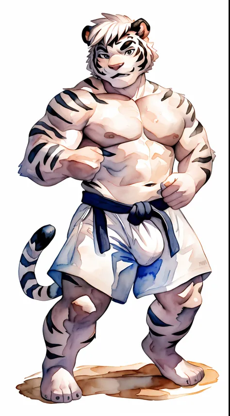 Hominidae, Pose for Camera. 4K, high resolution, Best quality, posted on e621, (Anthropomorphic white tiger:1.2), male people, 20yr old, Thick eyebrows, Light blue stripes, Ultra-short hair, shaggy, Strong body, large pecs, ((Shirtless)), He is practicing ...