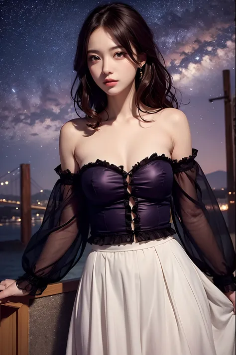 Detailed background, masutepiece, Best Quality, 1 person , Curly hair, Long hair, Purple eyes, stars in the eyes , Strapless blouse, long  skirt