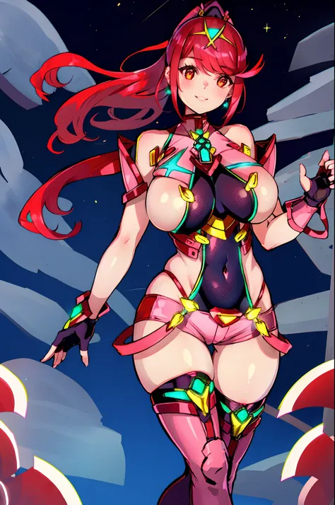 pyra (xenoblade), teen_1girl, loli, bangs, black gloves, breasts, red eyes, shout, earrings, eyelashes, fingerless gloves, floating hair, , gem, gloves, hair ornament, headpiece, jewelry, gigantic_breasts, leaning back, swimsuit, neon trim, official art, p...