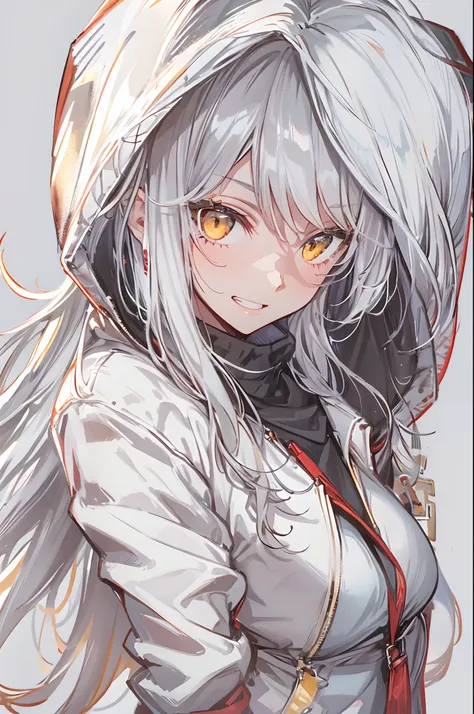 1girl, {solo}, upper body ,{{ {looking at viewer}}}, arm at side, concept art, white background, simple background, white hair, silver gradiient hair , complex cloth, asymmetrical clothes, virtual youtuber, best quality, masterpiece, dynamic angle, guilty ...