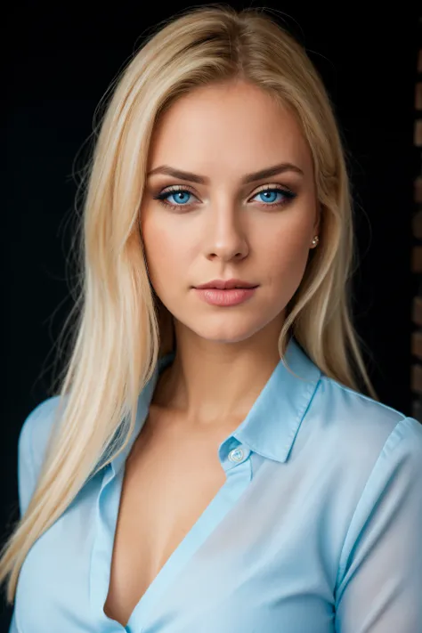 raw photo of melpel,portrait, blue blouse, blonde, makeup, ((catchlight in eyes)), blue blouse, black background,(high detailed ...