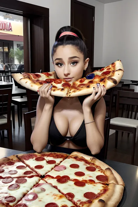 araffe woman, ARiana Grande, sitting at a table with a pizza in front of her, eating pizza, eating a pizza, holding pizza, holding up a pizza, 21 years old, holding a large pizza!!!, munching pizza, eating a pizza margherita, 🥥 🍕 hybrid,