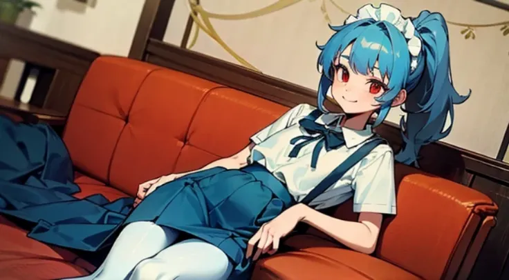 Young girls，double-ponytail，Pale blue hair，red color eyes，JK school uniform，solo person，Maid skirt，white stockings，White knee-length socks，Suspenders，looking to the camera，in a panoramic view，Lying on the couch，Five black males，White T-shirt，denim pant，Smi...