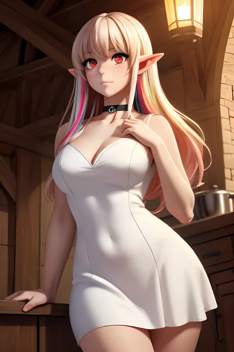 Beautiful Elf Girl, Gentle, ((White)) Messy long hair with long bangs, Beautiful cute face, Charming, embarrassed expression, Facing the camera, ((Skin color: white)), Body glare, ((Beautiful Female Eyes)), red-eyes ((Glow)), ((Perfect Sexy Figure)), Ideal...