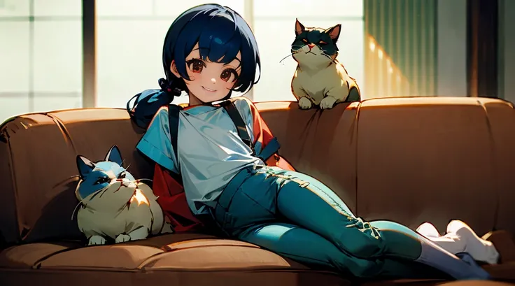 Young girls，double-ponytail，Pale blue hair，red color eyes，JK school uniform，solo person，Maid skirt，white stockings，White knee-length socks，Suspenders，looking to the camera，in a panoramic view，Lying on the couch，Five black males，White T-shirt，denim pant，Smi...