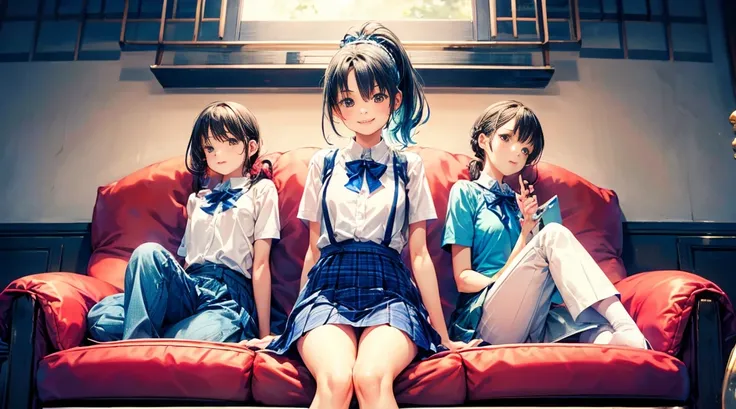 Young girls，double-ponytail，Pale blue hair，red color eyes，JK school uniform，solo person，Maid skirt，white stockings，White knee-length socks，Suspenders，looking to the camera，in a panoramic view，Lying on the couch，Five black males，White T-shirt，denim pant，Smi...